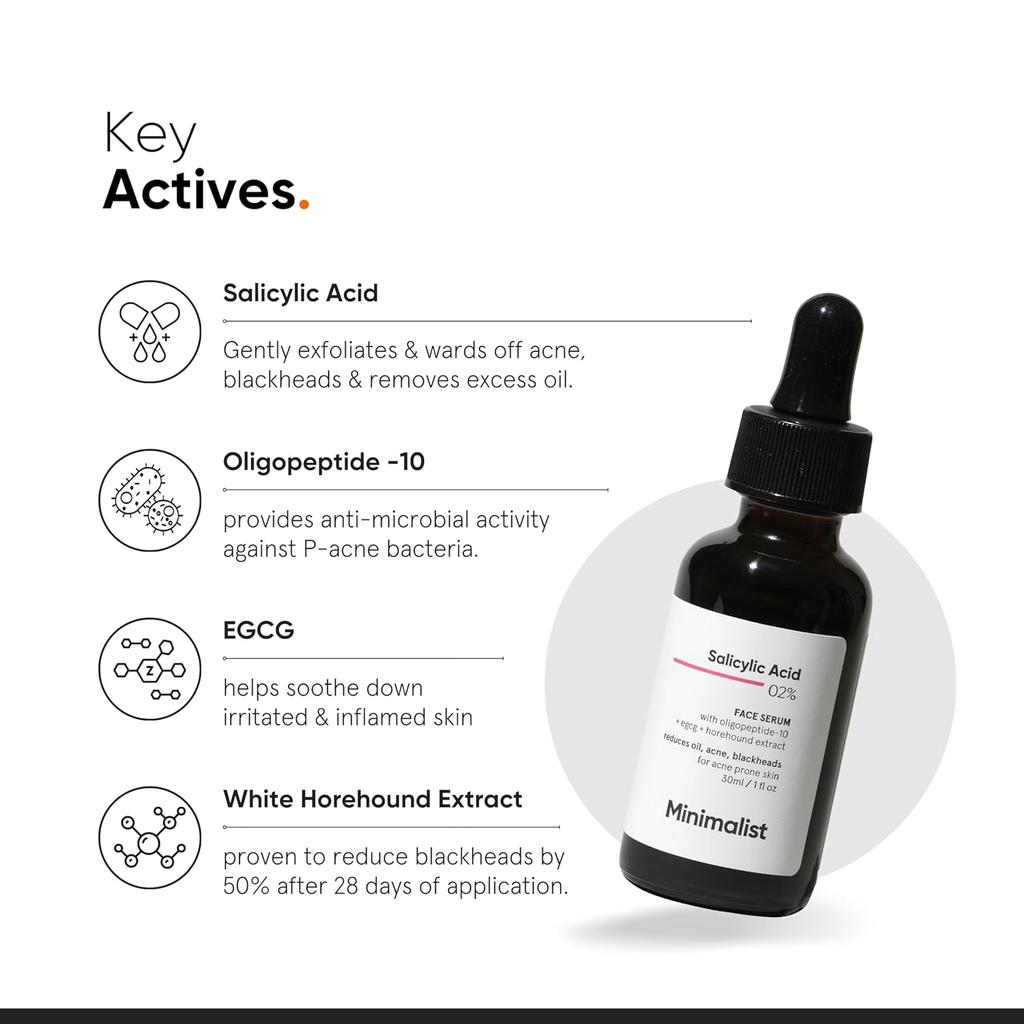 Minimalist Anti-Acne Face Serum 2% Salicylic Acid | Clears Blackheads, Reduces Oil & Bumpy Texture | BHA Exfoliant For All Skin Types | 30ml
