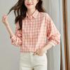 Dames Roze Witte Geruite Blouse met Omgeslagen Kraag, Lange Mouwen, Losse Pasvorm, Casual