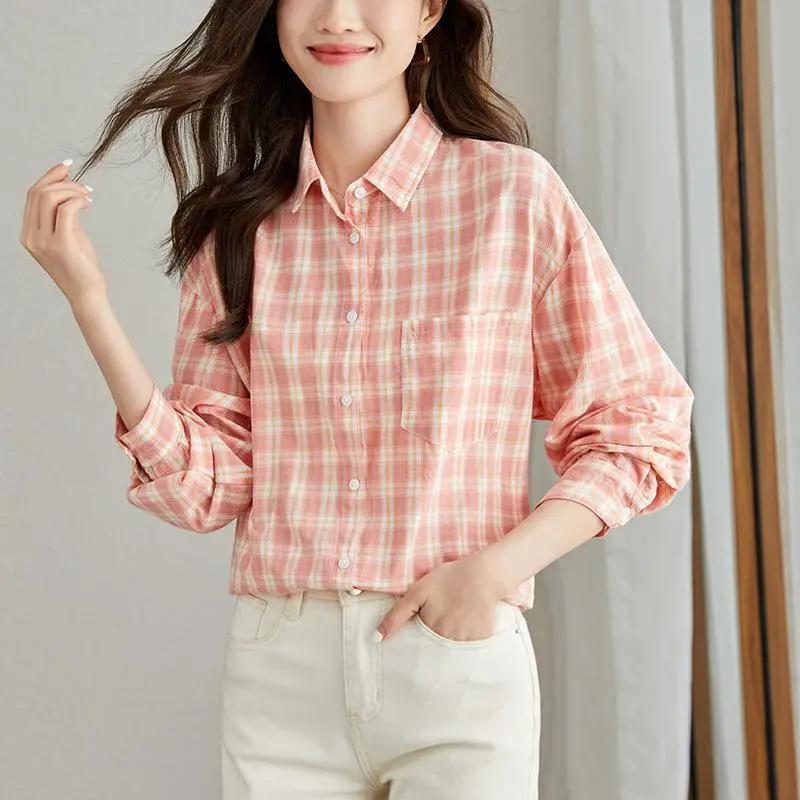 Women Pink White Plaid Shirt Turn Down Collar Long Sleeve Loose Fit Casual Blouse M розовый