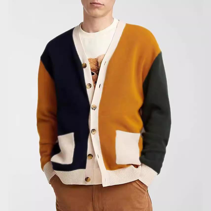 Cardigan masculino com blocos de cores, suéteres de malha com frente aberta, ajuste solto, manga comprida, cardigans com bolsos, suéter casual com decote em V e botões, roupa externa para homens