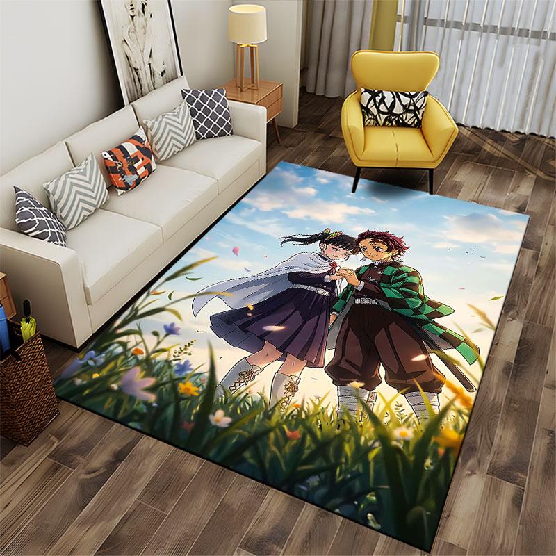 Anime-Inspired Couple in Field suitable as a non-slip mat for the living room or bedroom sofa