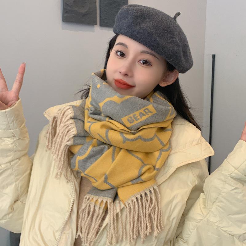 New Cartoon Bear Fashionable Imitation Cashmere Scarf Women's Double Sided Thickened Warm Scarf Korean Style Versatile Shawl