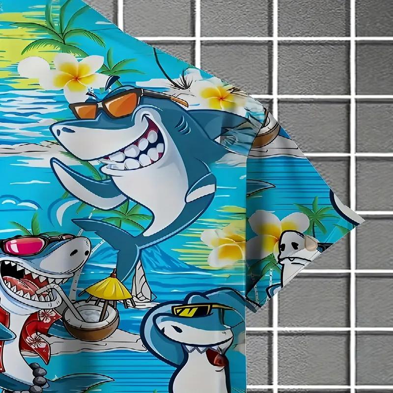 Men's Hawaiian Shirt 3D Shark Print Fashionable Short Sleeved V-neck Buckle Lining Casual Summer Top Polyester Fiber Regular Version