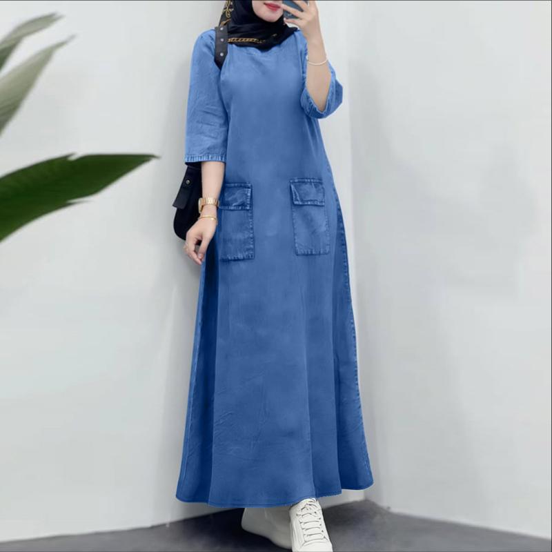 ZANZEA Women Casual Round Neck Loose Long Sleeve Retro Long Dress