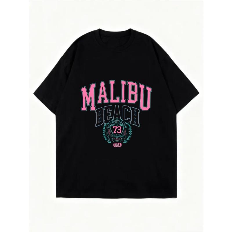 Übergroßes T-Shirt Weiß Malibu Beach Grafikdruck Mit Pinkem Und Blauem Text Und 73 Logo Sommer Freizeitkleidung Für Frauen