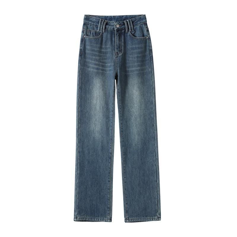 Small High-waisted Straight Jeans for Women, Loose Plush Autumn and Winter New Style Slimming and Versatile Wide-leg Floor Pants