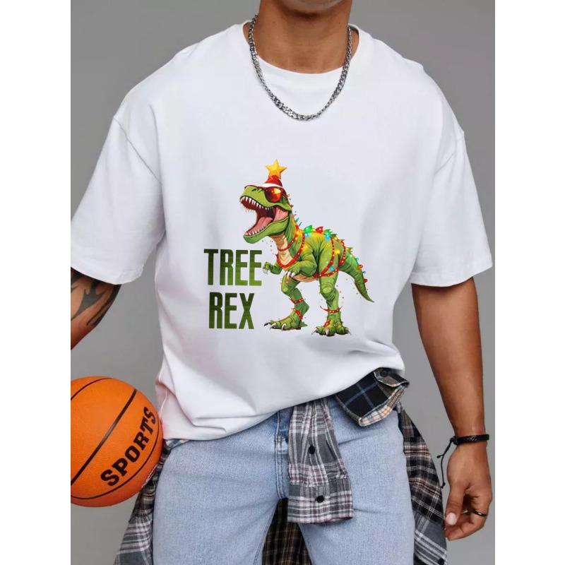 Rundhals T-Shirt Weiß Baum Rex Dinosaurier Weihnachtsdesign Feiertagsparty Freizeitkleidung