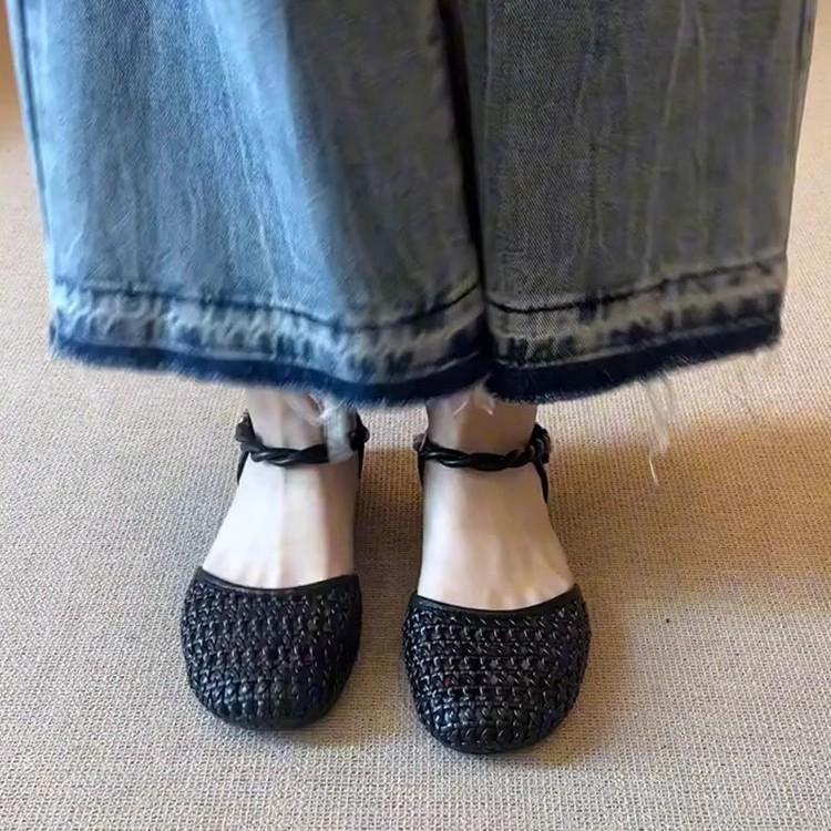 Sheepskin version~ French woven hollow design outer wear leather sandals women's word with camellia round head flats