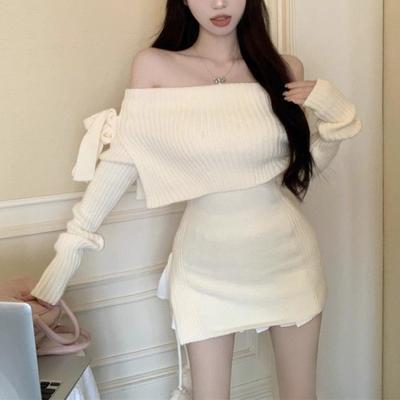 Off Shoulder Μασίφ Γλυκό Φιόγκο Γυναικείο πουλόβερ με κάθετο λαιμό Y2k Πλεκτά λεπτές κομψές μπλούζες Γυναικεία κορεάτικη μόδα casual πουλόβερ 2024