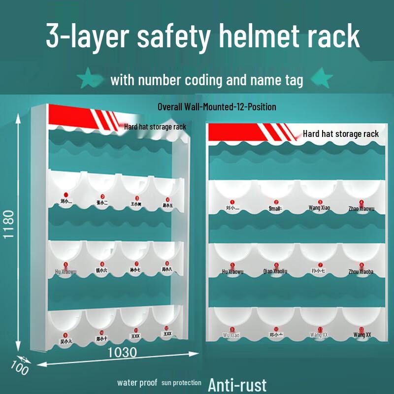 Wall-Mounted 3-Tier 12-Grid Safety Helmet Storage Rack