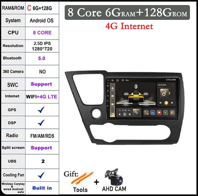 For Honda Civic 9 2013-2016 DSP Android 14 Car Radio Multimedia Video Player Navigation Stereo GPS Monitor