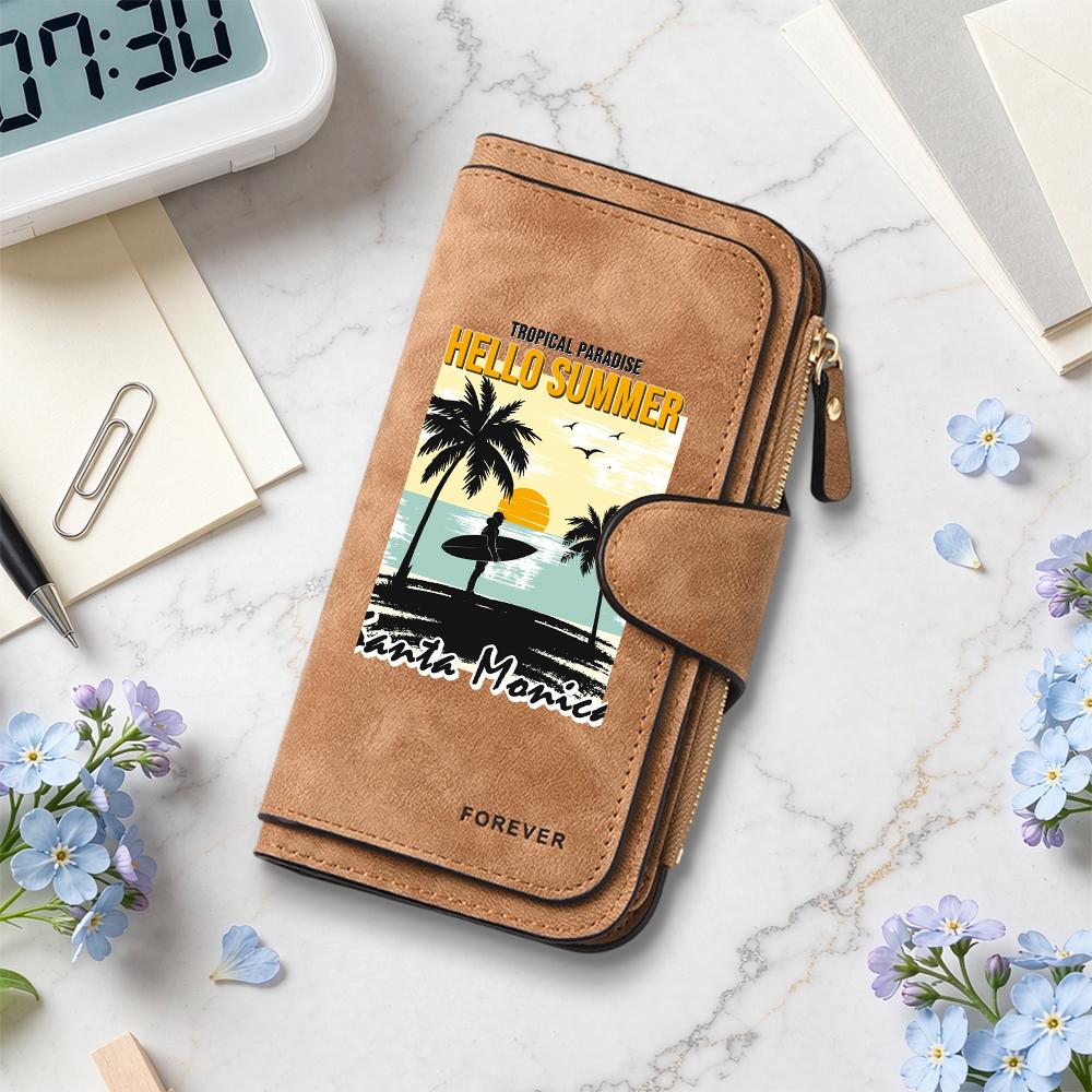 Vintage Summer Beach Pattern Long Wallet Portable Casual Card Holder Fashionable Daily Carry Purse