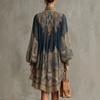 Women's Stand Collar Long Puff Sleeve Printed Chiffon Mini Dress Loose Irregular Hem Boho Vacation Cover Up Dress