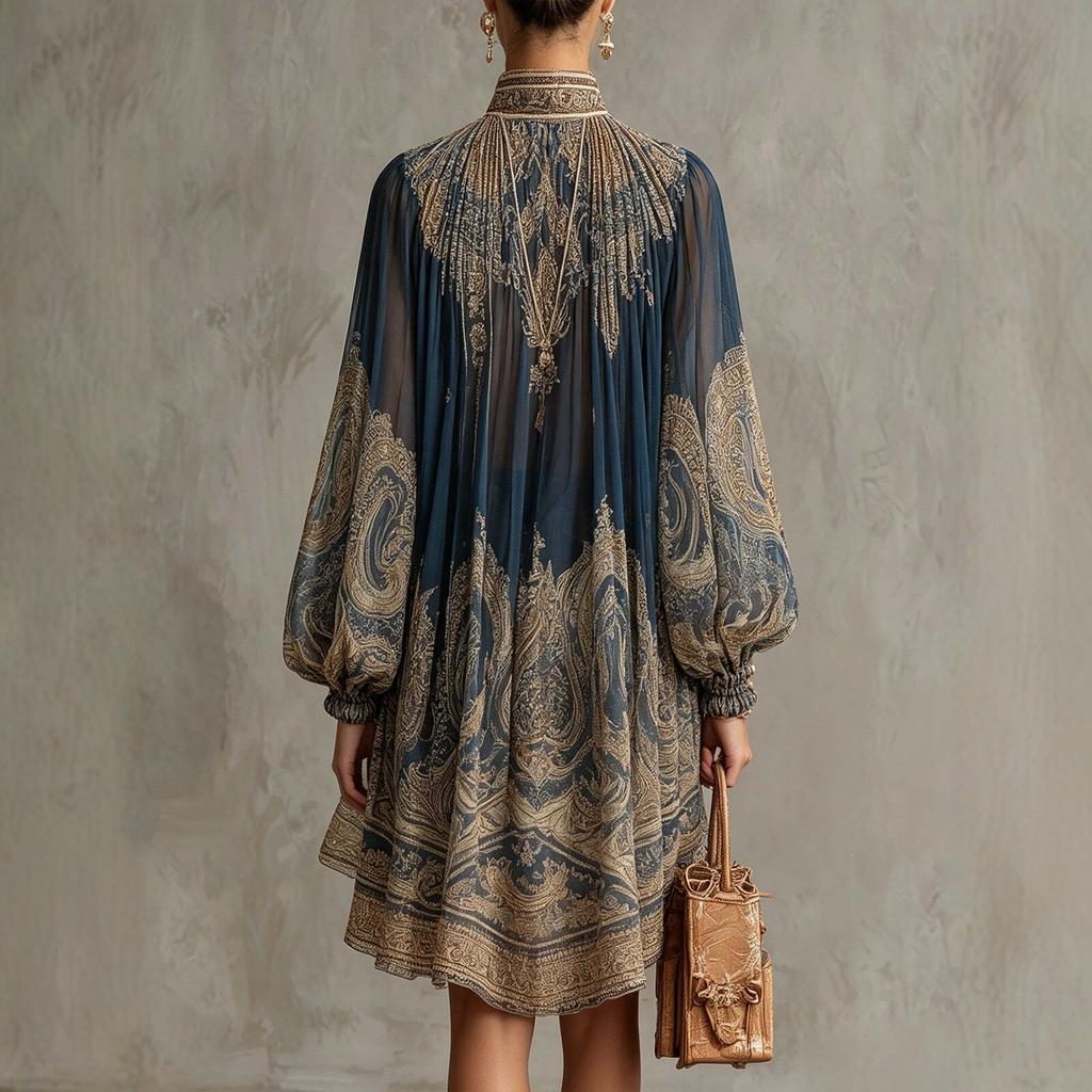 Women's Stand Collar Long Puff Sleeve Printed Chiffon Mini Dress Loose Irregular Hem Boho Vacation Cover Up Dress