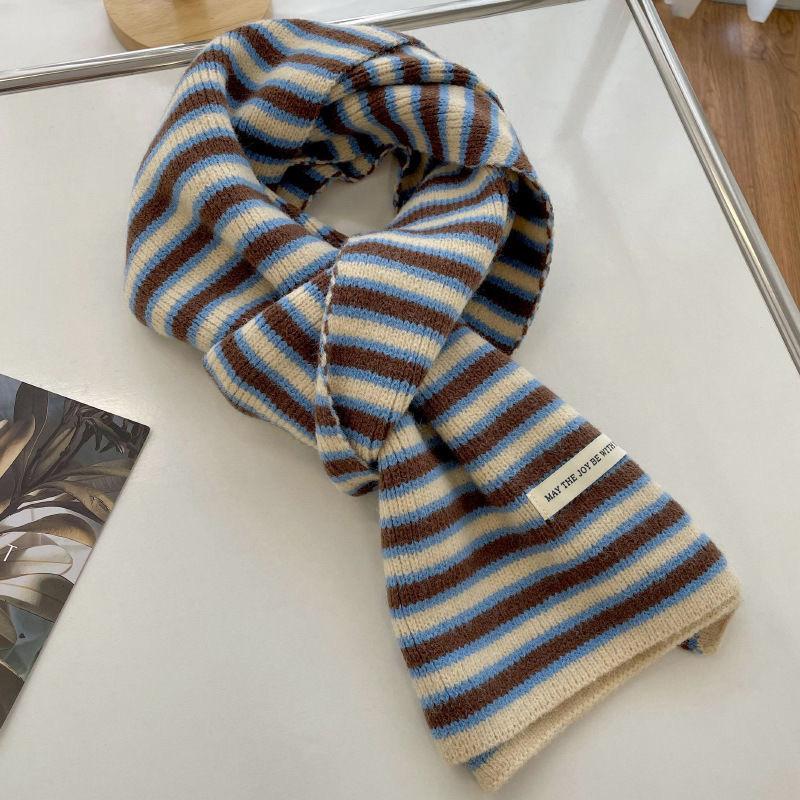 New Striped Knitted Scarf for Women in Winter High End Versatile and Cute Woolen Small Scarf Men's Neck Protector Warm Korean Version
