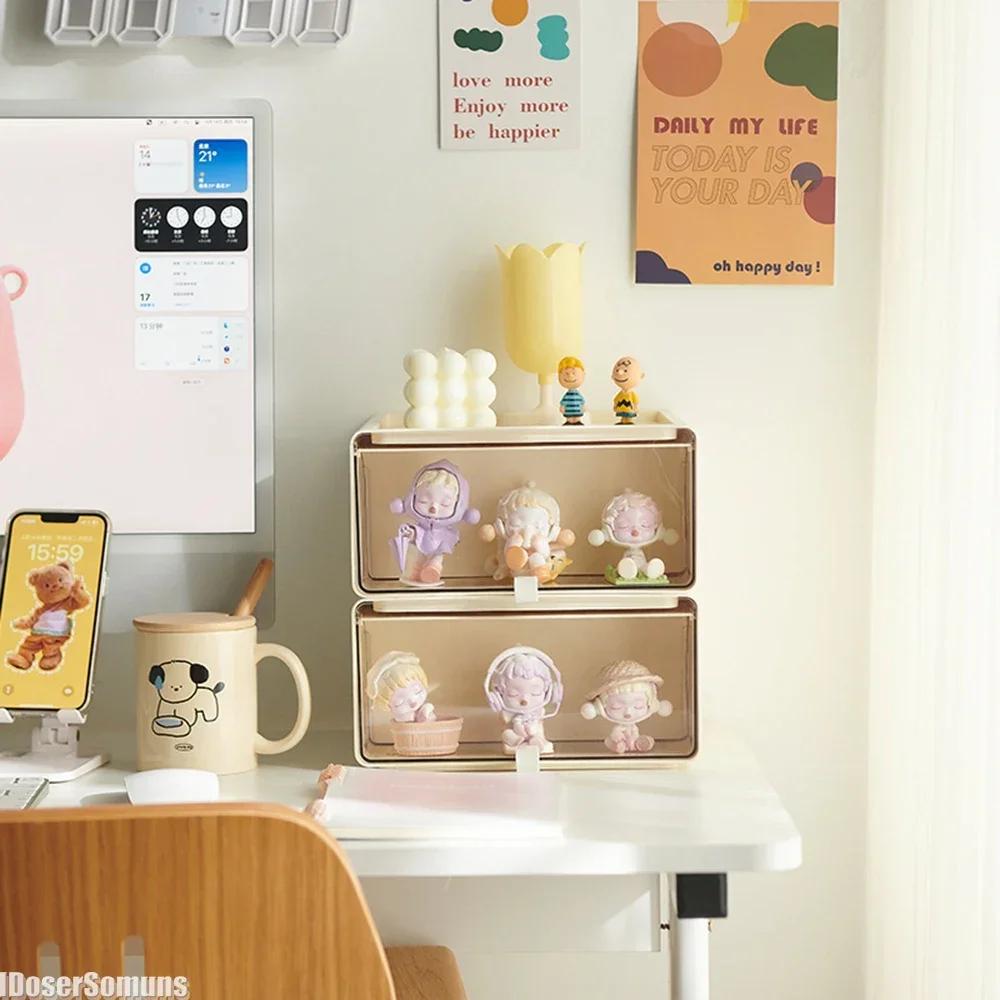 Caixa de armazenamento transparente estilo japonês, gaveta, durável, bonita, à prova de poeira, economiza espaço, grande capacidade, expositor de bonecas extraível