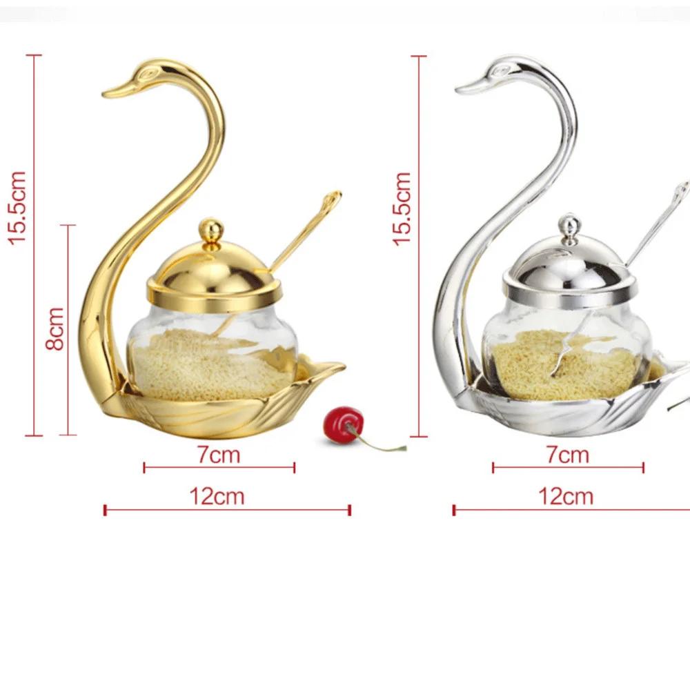 Creative Swan Aluminum Condiment Pot Set Seasoning Container Alloy Spice Glass Jar Salt Sugar Bowl Pepper Coffee Organizer