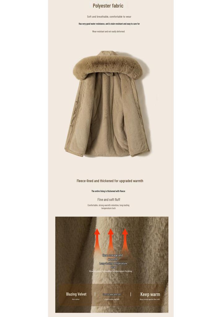 Women's 2026 Winter Mid-Length Velvet Parka with Large Fur Collar - Slimming Korean Style Cotton Jacket