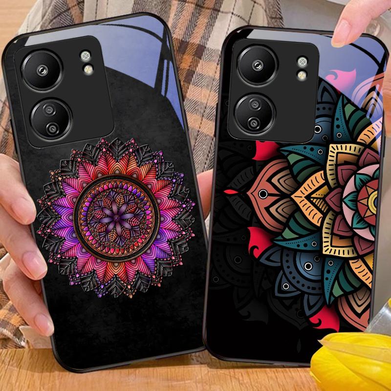 Leuchtender Schwarzer Lotus Für Xiaomi Redmi 13C Note13 12 Pro Plus 5G Note 9 13T Pro POCO X6 F5 F6 Schwarze Handyhülle aus gehärtetem Glas