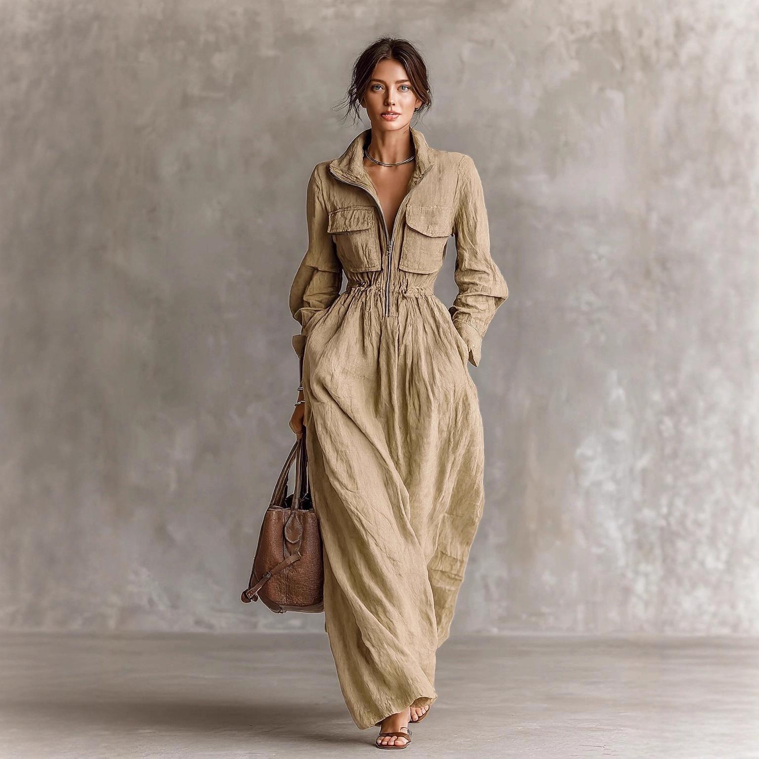 

Elegant European & American Style Women s Zipper Lapel Dress with Elastic Waist XXL хакі