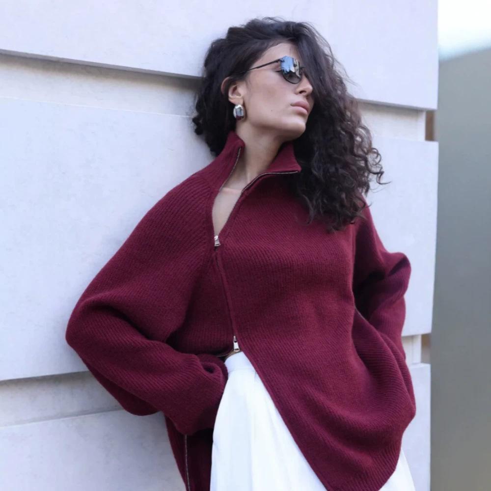 Europe, America and Russia knitted cardigan autumn and winter hot casual side zipper loose stand-up collar women's sweater jacket