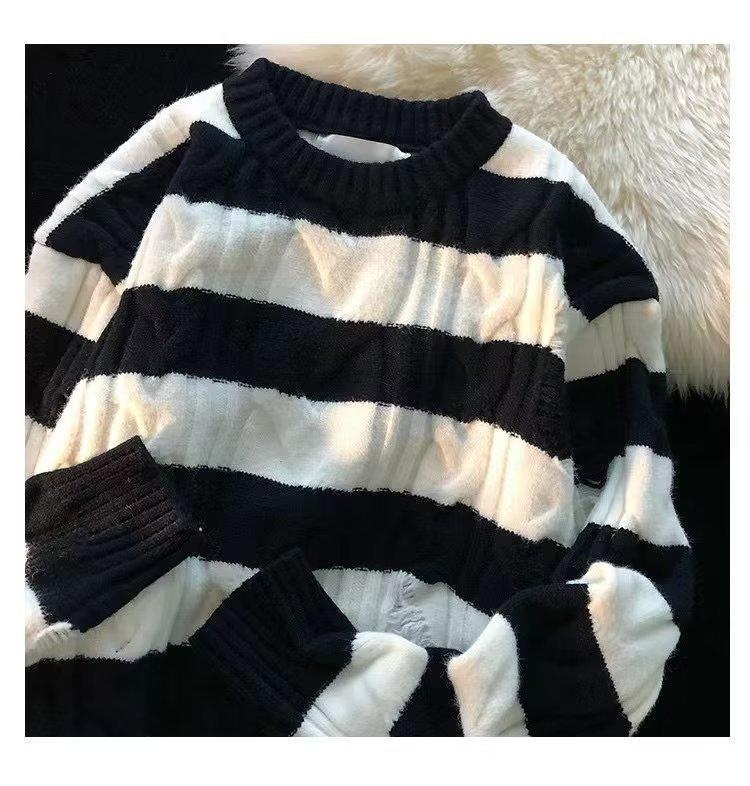 Retro Pruhovaný Unisex Svetr pro Muže a Ženy - Trendy Podzimní/Zimní Volný Pletený Design.