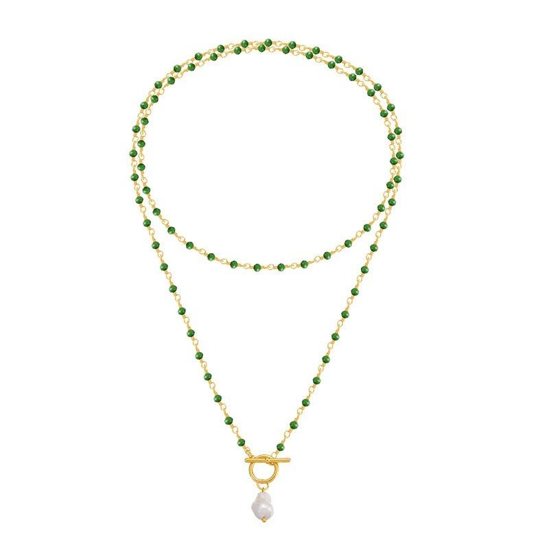 Women Multi Layer Green Bead 18k Gold Plated Irregular Pearl Pendant Necklace