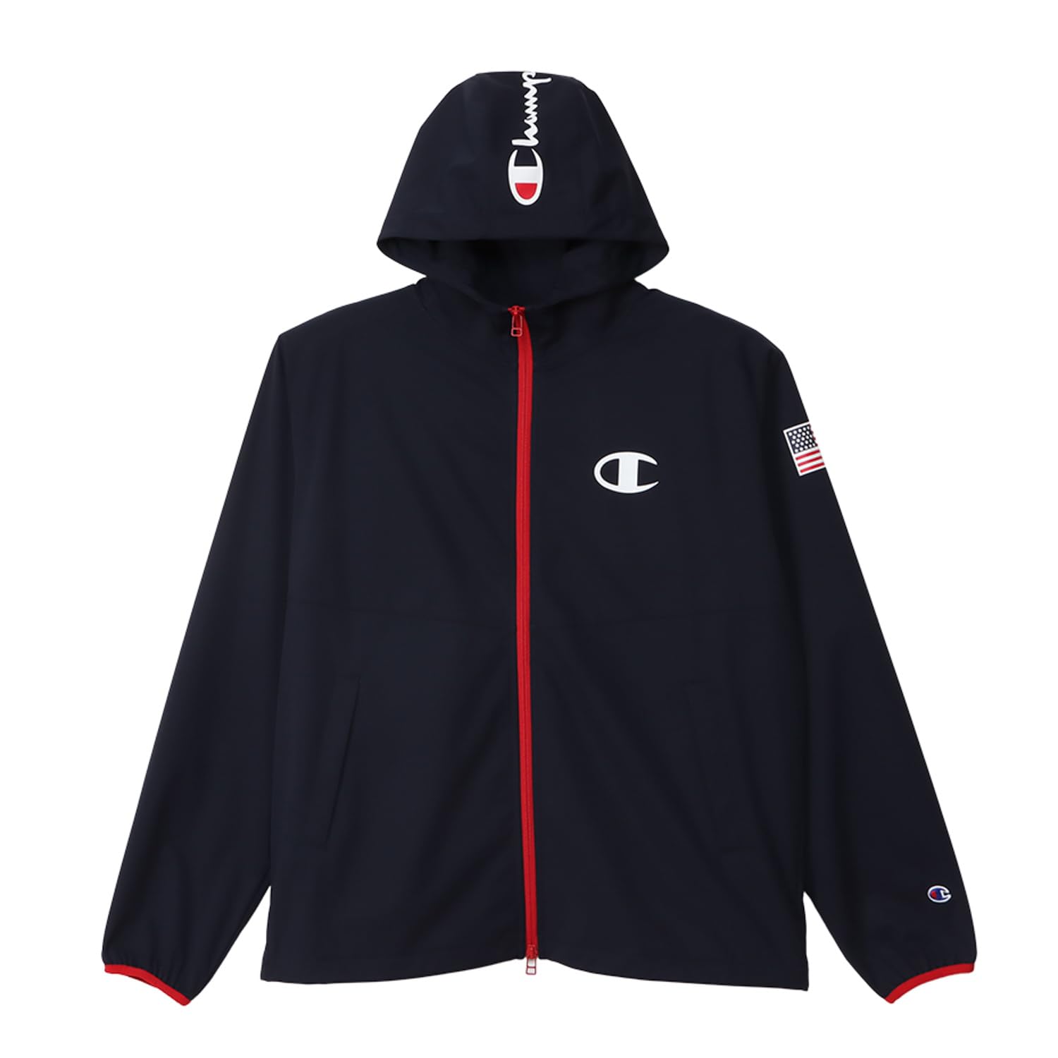 

Champion Long Sleeve Stretch Windproof Zip Hooded Jacket with Men s Anti-Static Water-Repellent One-Point Logo, Navy, C3-ZG601
