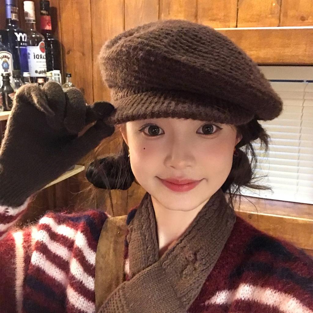 Chapeau Octogonal Tricoté Alpaga Rétro Coréen pour Femmes en Automne et Hiver Chaud Grand Tour de Tête Casquette de Newsboy Béret