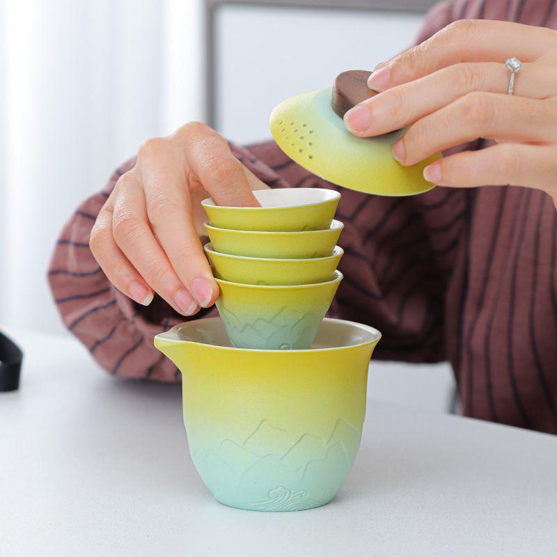 Gradient Travel Tea Set, Portable Gongfu Teaware Outdoor Quick Cup, 1 Teapot, 4 Tea Cups