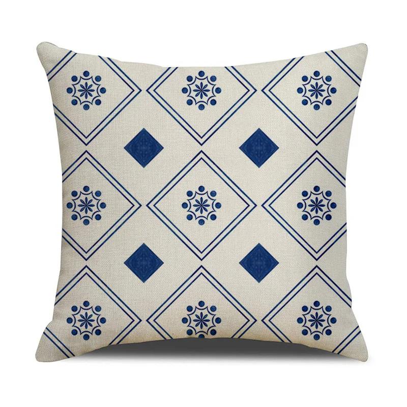 Chinese retro style blue and white ceramic printed fabric linen cotton throw pillow wrapped sofa home decoration pillow