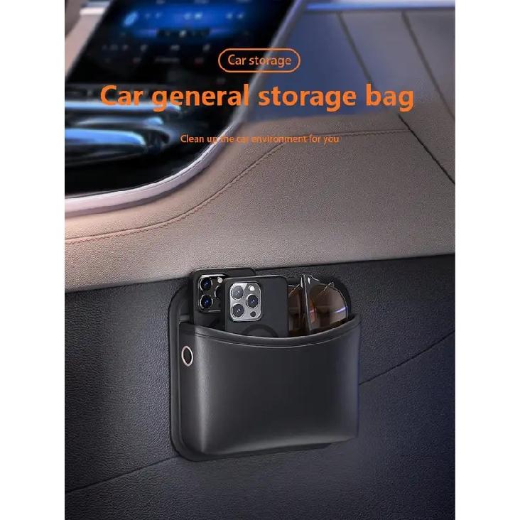 1pc Car-mounted Storage Bag: Leather Car Storage Bag with Multi-functional Adhesive Design, Car Phone Bag, In-car Phone Holder P