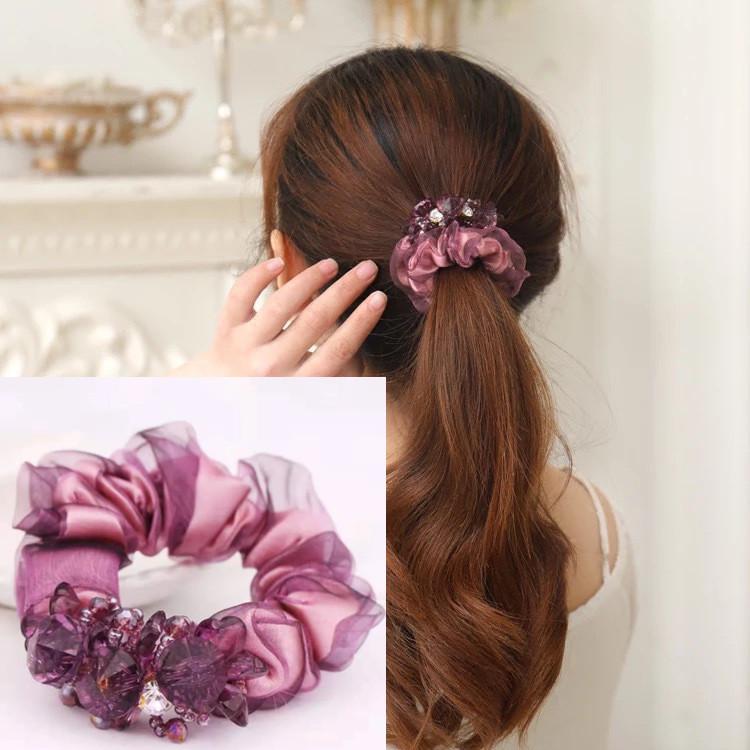 Eleganti scrunchies in tessuto floreale con cristalli per donne e ragazze, elastici per capelli, accessori per legare i capelli, anello per capelli, corda, copricapo