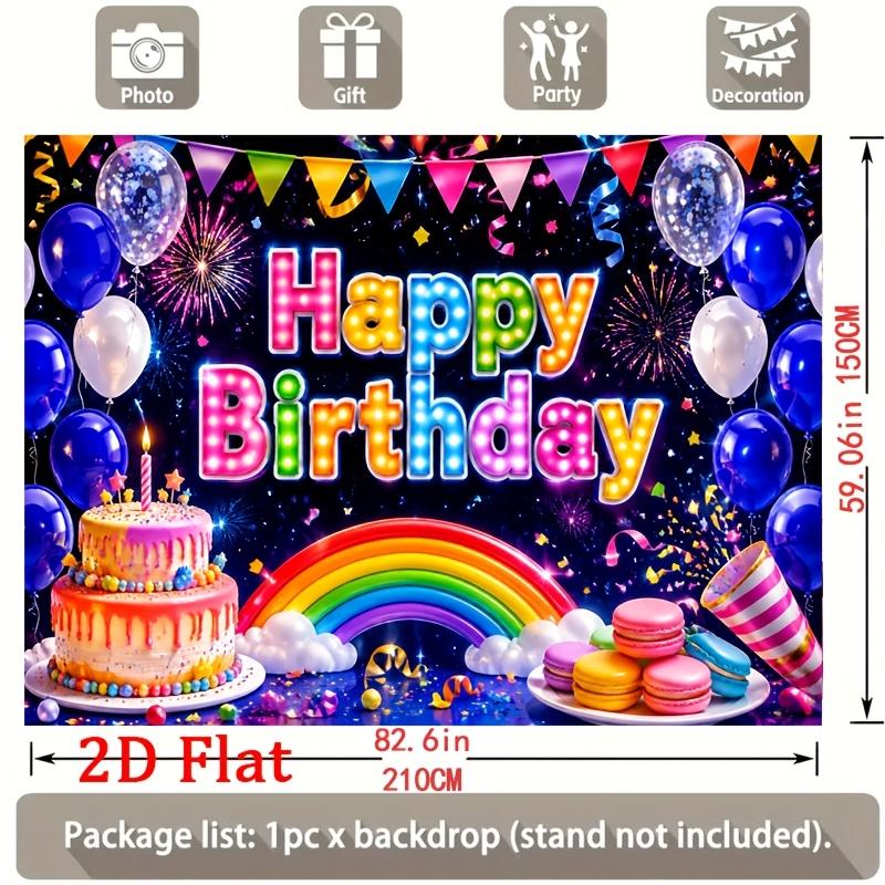 Vibrant Rainbow Arch with Glossy Balloons, Glittering Fireworks, Tiered Drip Cake and Colorful Macarons, Happy Birthday Banner Backdrop