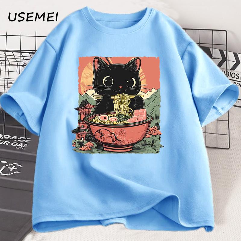Cute Black Cat Eating Ramen T-Shirt Men Women Adorable Graphic Tee Shirt Foodie and Cat Lover Tshirt Animal Printed Tees Top