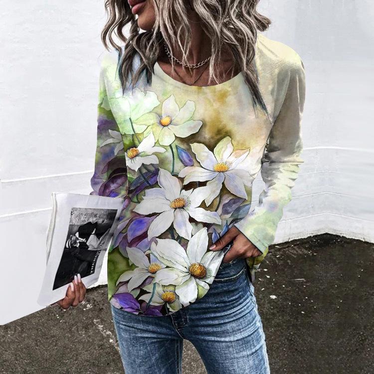 Spring and Autumn Round Neck Flower Pattern 3D Printed Top Fashionable Casual Retro Long Sleeved Women's T-shirts
