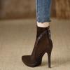 Handmade women's shoes autumn pointed 2025 autumn and winter new short boots women's high heels thin heel zipper brown women's boots