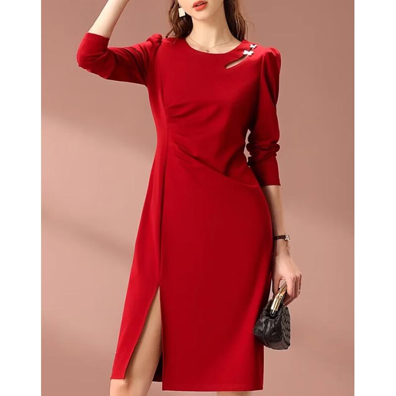 Rochie Midi Elegantă cu Mânecă Lungă și Decolteu