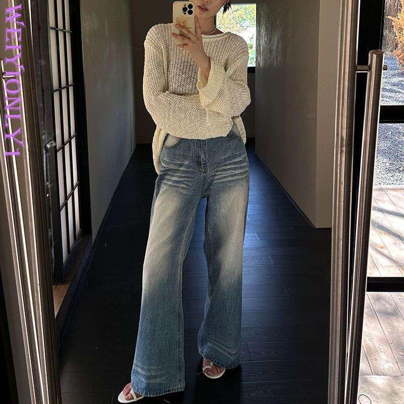 

Plus Size Women s Wide-Leg Jeans: Washed, Distressed, Pear-Shaped Fit, Flaw-Hiding, Loose, and Straight-Leg Design 4X Large синий