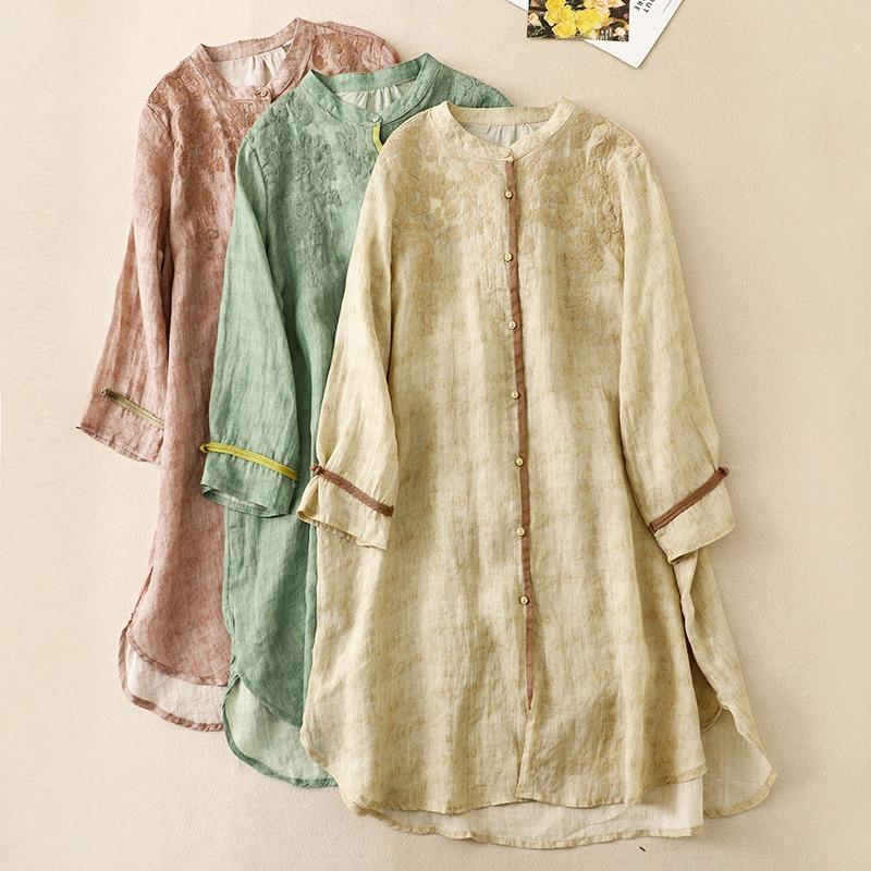 Real spring and summer new literary and retro embroidery fried color stand-up collar shirt women's loose medium and long sunscreen top