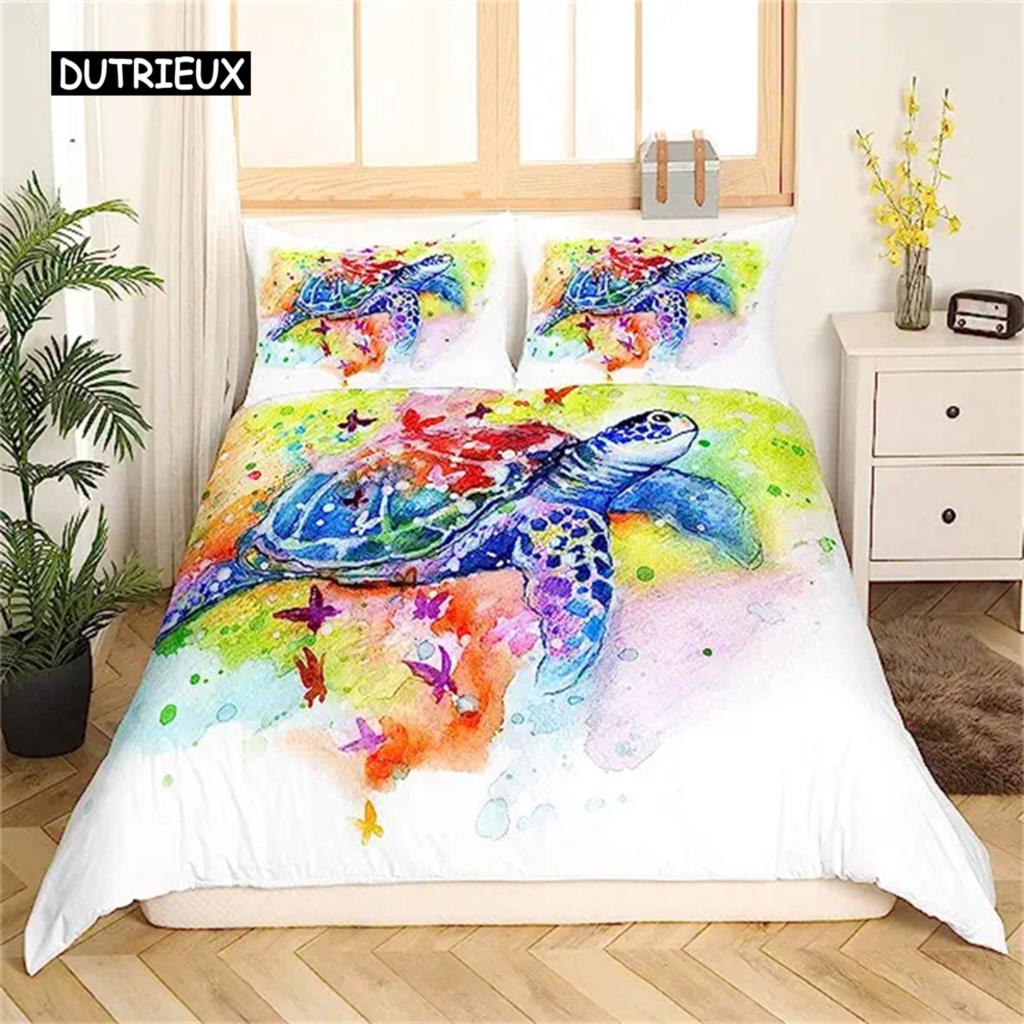 Sea Turtle Duvet Cover Green Blue Ocean Bedding Set Colorful Underwater World for Kids Child Women Nautical Sea Animal Reptile