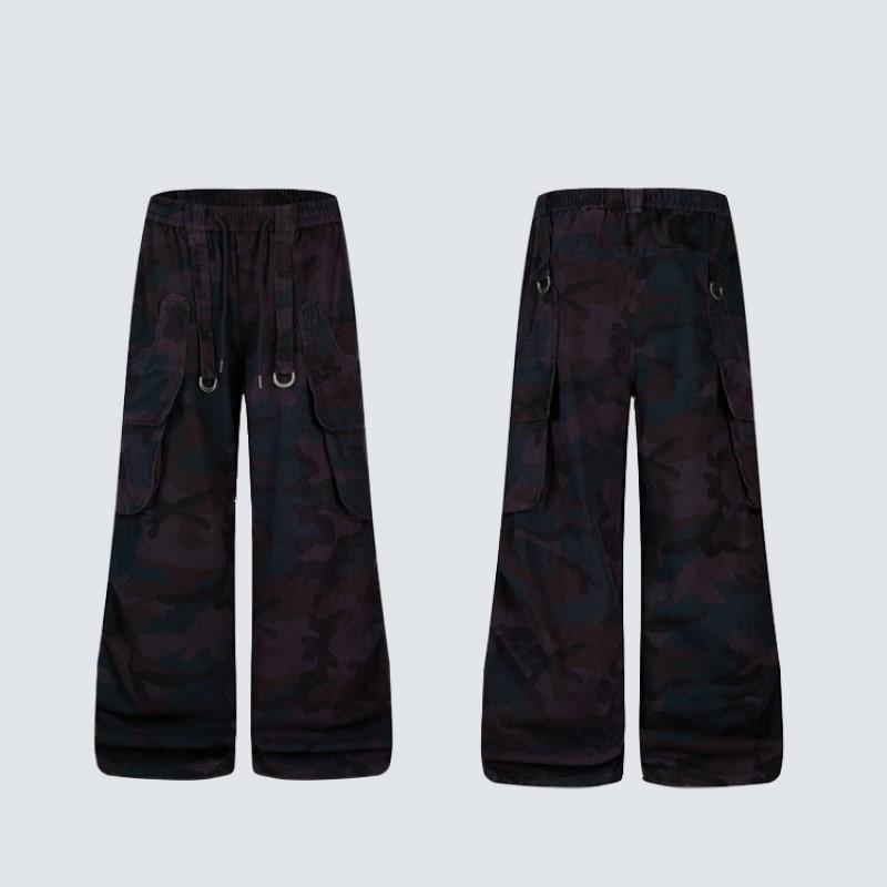 Dark Camo Cargo Pants Relaxed Fit Straight Leg Drawstring Trousers Multi-Pocket Casual Teens
