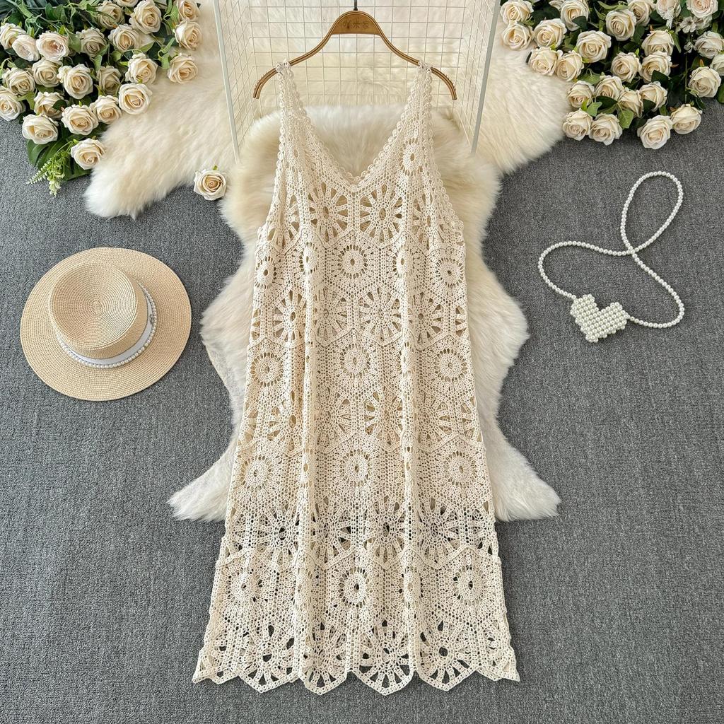 DIMANAF 2025 New Dress Women Knitting Lace Long Hollow Out Sexy Vest O-Neck Hollow Summer Style Tops Tees Loose Basic
