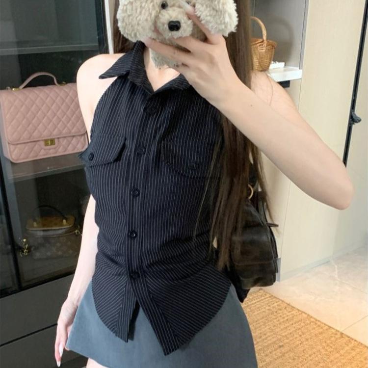 Korean black sleeveless striped shirt women's summer design halter waist lace-up shirt short Spice Girl top