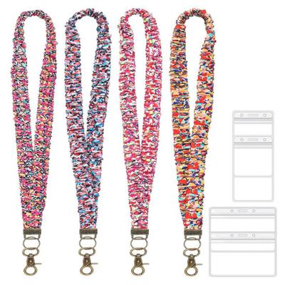 4Pcs Stretchy Retractable Scrunchie Lanyard Set with ID Card Holders Soft Telescopic Neck Lanyards for Keys Cards And More Resealable Badge Holder