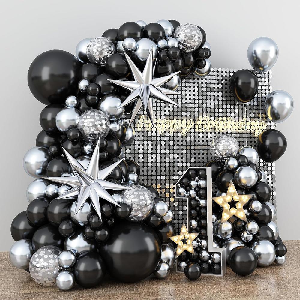 Black Silver Balloons Garland Silver Confetti Balloon Arch Kit Silver Explosion Star Foil Globos Graduation Birthday Party Decor