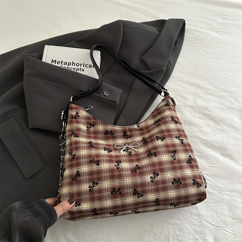 Korean version of foreign style plaid chain casual shoulder bag 2025 autumn and winter new bow messenger tote bag backpack