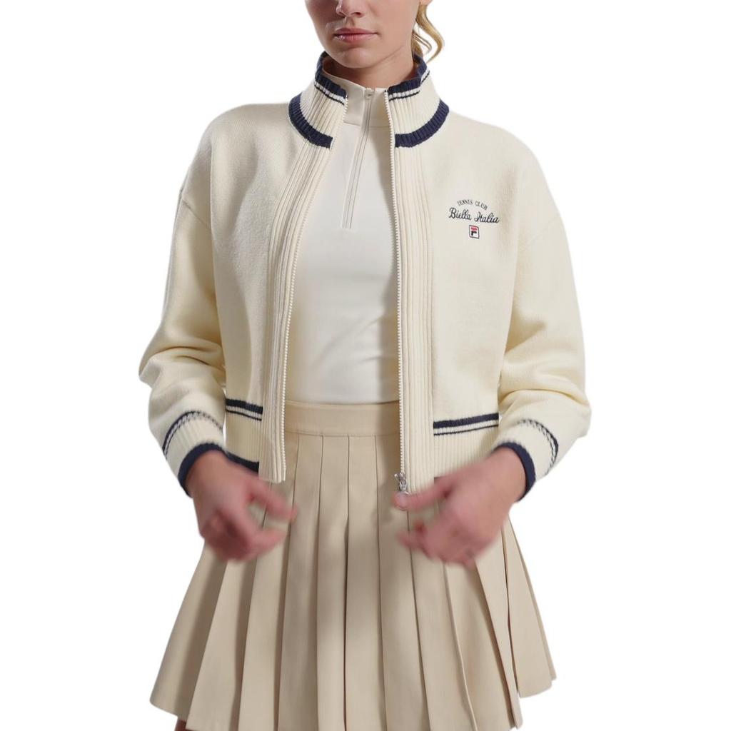 Fila Tennis Simple Classique Rétro Sportif Décontracté Polyvalent Confortable Cardigan en Maille Lâche Veste Vestes pour Femmes Egrets-Blanc A11W613403FWT