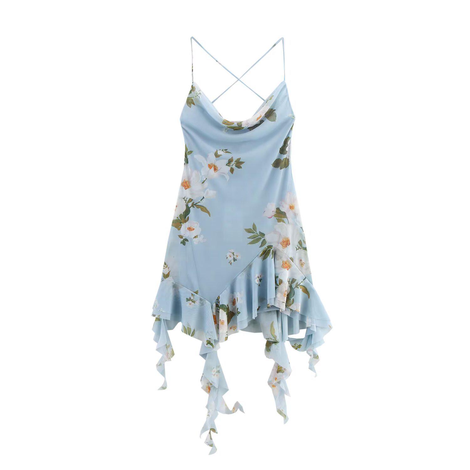 

2025 Spring/Summer Women s Slim Fit Tassel Ruffle Silk Print Camisole Dress Medium светло-синий