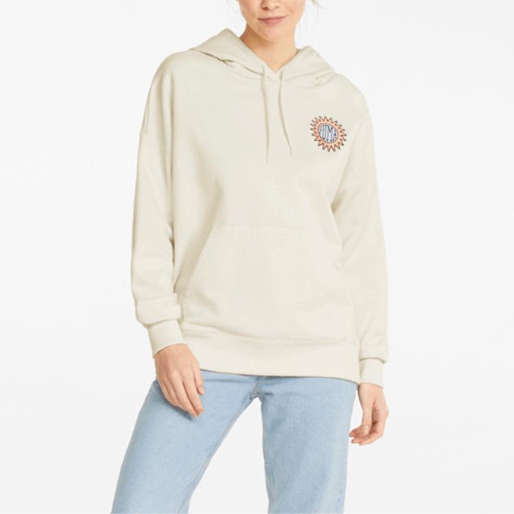 Puma Downtown Logo Print Vintage Casual Hoodie Women Hoodies Natural 535388-99